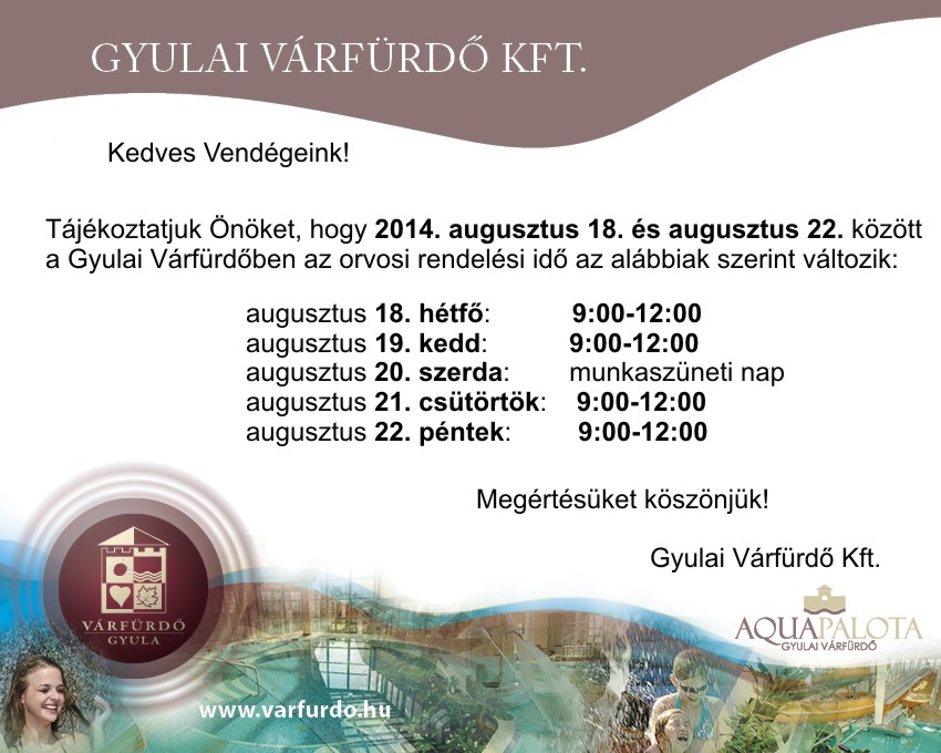 Gyulai Várfürdő, orvosi rendelés Gyulai Várfürdő